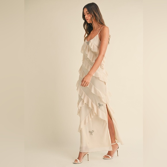 Cream Satin Ruffle Gown w/ Silver Crystal Bows – Romantic Maxi Slip Dress - Picture 3 of 9